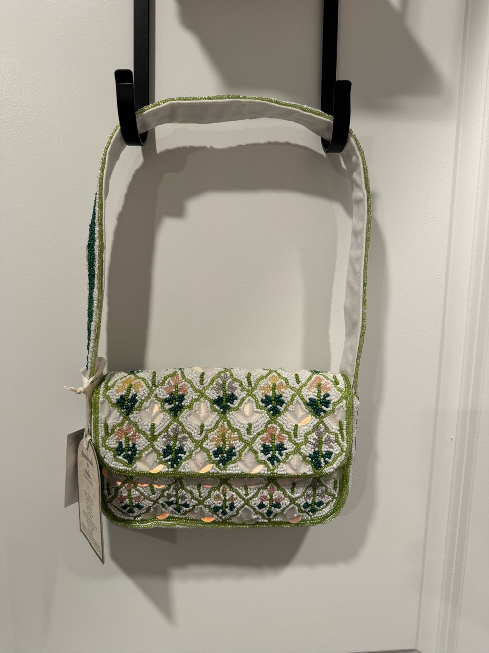 Beaded Floral Shoulder Bag in Green and White